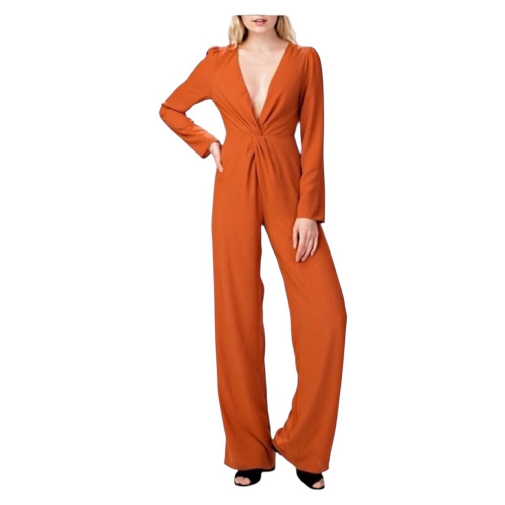 Honey Belle‎ women’s orange Long Sleeve V-Neck Plunging Open Back Jumpsuit large